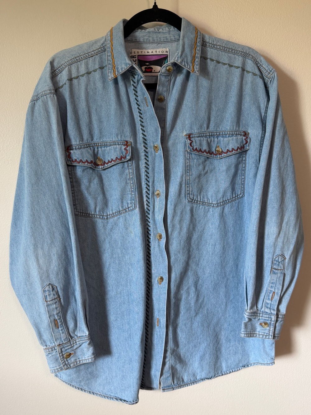 90s butter mom embroidered denim button up shirt 100% cotton fits size sm./med. - Picture 2 of 4